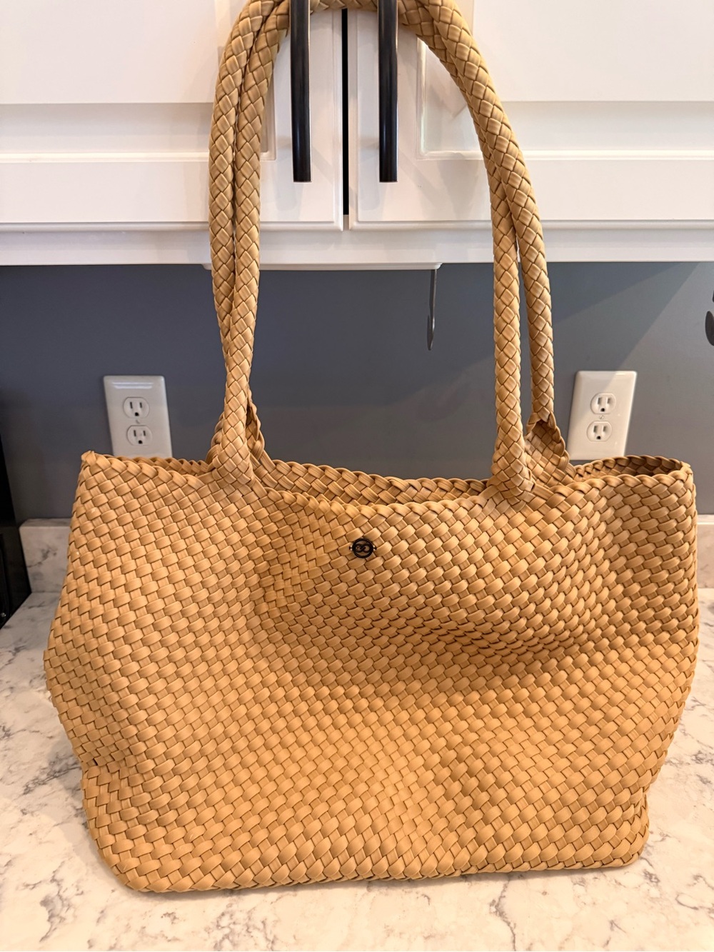 Sol and Selene Large Woven Neoprene Tote Bag Tan Beige Shoulder Bag